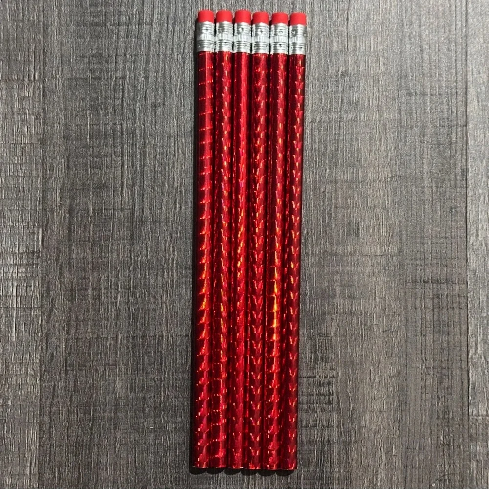 💞 New Set of 6 Red Holographic Pencils with Erasers